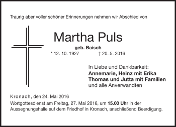 Traueranzeige von Martha Puls von Neue Presse Coburg