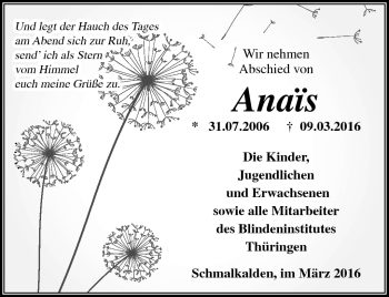Traueranzeige von Anais  von Südthüringer Presse