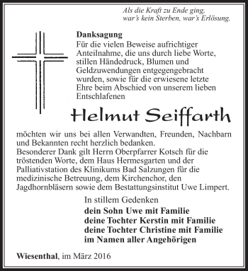 Traueranzeige von Helmut Seiffahrt von Südthüringer Presse