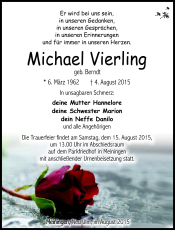 Traueranzeige von Michael Vierling von Südthüringer Presse