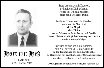 Traueranzeige von Hartmut Heß von Südthüringer Presse