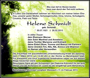 Traueranzeige von Helene Schmidt von Südthüringer Presse