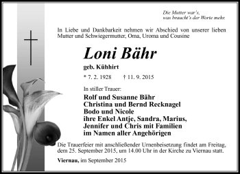 Traueranzeige von Loni Bähr von Südthüringer Presse