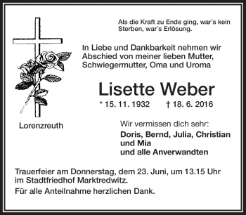 Traueranzeige von Lisette Weber von Frankenpost