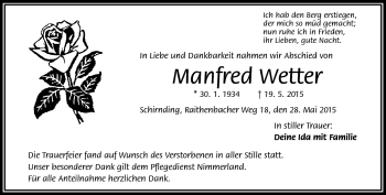 Traueranzeige von Wetter Manfred von Frankenpost