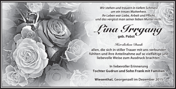 Traueranzeige von Lina Irrgang von Südthüringer Presse