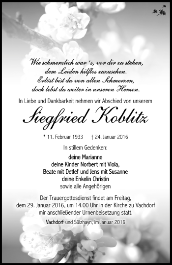 Traueranzeige von Siegfried Koblitz von Südthüringer Presse