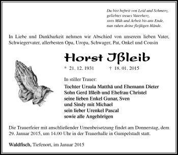Traueranzeige von Horst Ißleib von Südthüringer Presse
