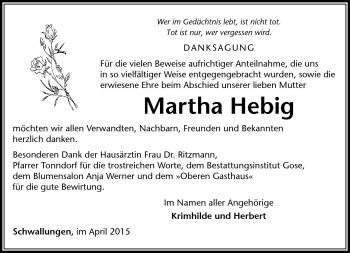 Traueranzeige von Martha Hebig von Südthüringer Presse