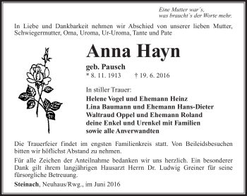 Traueranzeige von Anna Hayn von Südthüringer Presse