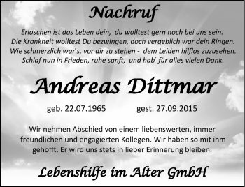 Traueranzeige von Andreas Dittmar von Südthüringer Presse