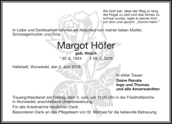 Traueranzeige von Margot Höfer von Frankenpost