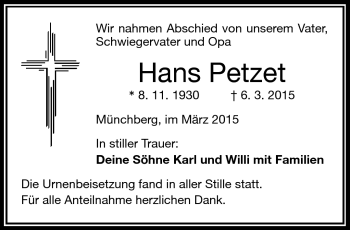 Traueranzeige von Hans Petzet von Frankenpost