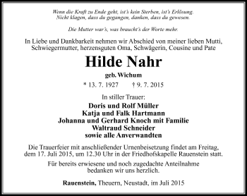 Traueranzeige von Hilde Nahr von Südthüringer Presse
