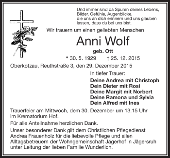 Traueranzeige von Anni Wolf von Frankenpost