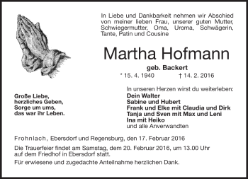 Traueranzeige von Martha Hofmann von Neue Presse Coburg