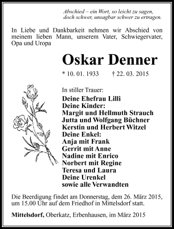 Traueranzeige von Oskar Denner von Südthüringer Presse