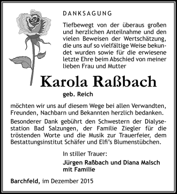 Traueranzeige von Karola Raßbach von Südthüringer Presse