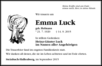 Traueranzeige von Emma Luck von Südthüringer Presse