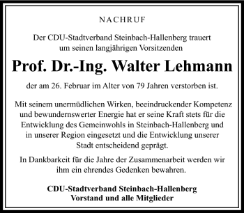 Traueranzeige von Walter Lehmann von Südthüringer Presse