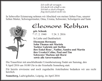 Traueranzeige von Eleonore Rebhan von Südthüringer Presse