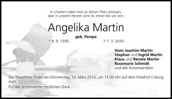Traueranzeige von Angelika Martin von Neue Presse Coburg