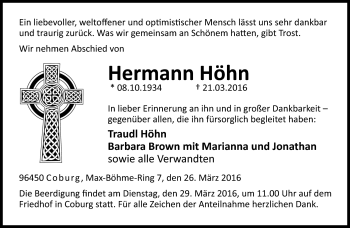 Traueranzeige von Hermann Höhn von Neue Presse Coburg