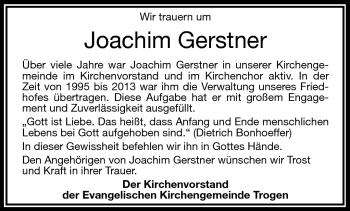 Traueranzeige von Joachim Gerstner von Frankenpost
