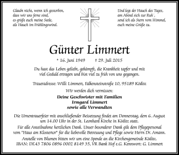 Traueranzeige von Günter Limmert von Frankenpost