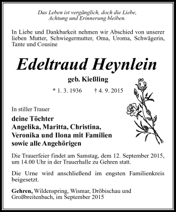 Traueranzeige von Edeltraud Heynlein von Südthüringer Presse