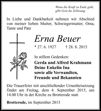 Traueranzeige von Erna Beuer von Südthüringer Presse