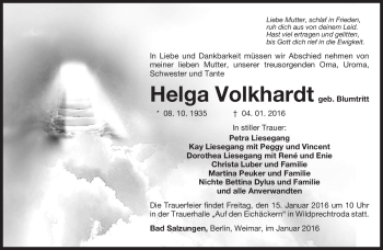 Traueranzeige von Helga Volkhardt von Südthüringer Presse