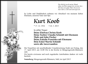 Traueranzeige von Kurt Koob von Südthüringer Presse