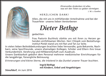 Traueranzeige von Dieter Bethge von Südthüringer Presse