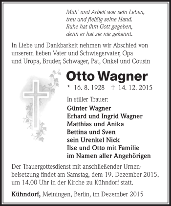 Traueranzeige von Otto Wagner von Südthüringer Presse