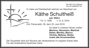 Traueranzeige von Käthe Schultheiß von Frankenpost