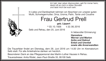 Traueranzeige von Gertrud Prell von Frankenpost