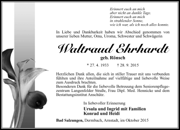 Traueranzeige von Waltraud Ehrhardt von Südthüringer Presse