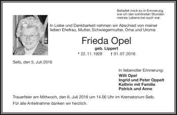Traueranzeige von Frieda Opel von Frankenpost
