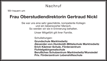 Traueranzeige von Gertraud Nickl von Frankenpost