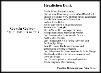 Traueranzeige von Gerda Geiser von Frankenpost