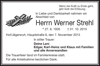 Traueranzeige von Werner Strehl von Frankenpost