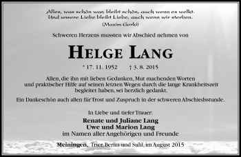 Traueranzeige von Helge Lang von Südthüringer Presse