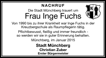 Traueranzeige von Inge Fuchs von Frankenpost