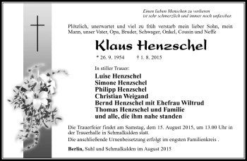 Traueranzeige von Klaus Hentschel von Südthüringer Presse