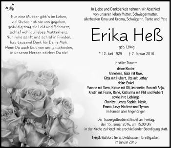 Traueranzeige von Erika Heß von Südthüringer Presse