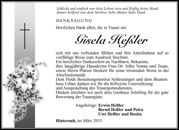 Traueranzeige von Gisela Heßler von Südthüringer Presse