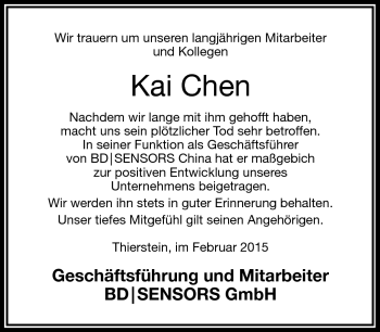 Traueranzeige von Kai Chen von Frankenpost