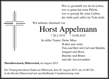 Traueranzeige von Horst Appelmann von Neue Presse Coburg