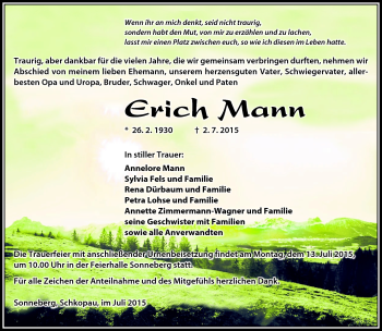 Traueranzeige von Erich Mann von Südthüringer Presse